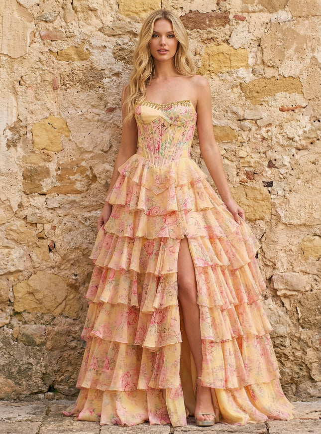 Chiffon Corset Strapless Floral Tiered Maxi Prom Dresses with Slit