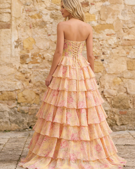 Chiffon Corset Strapless Floral Tiered Maxi Prom Dresses with Slit