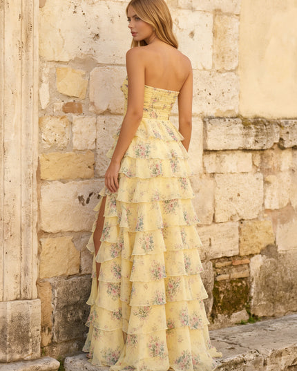 Chiffon Sweetheart Strapless Floral Tiered Maxi Prom Dresses with Slit