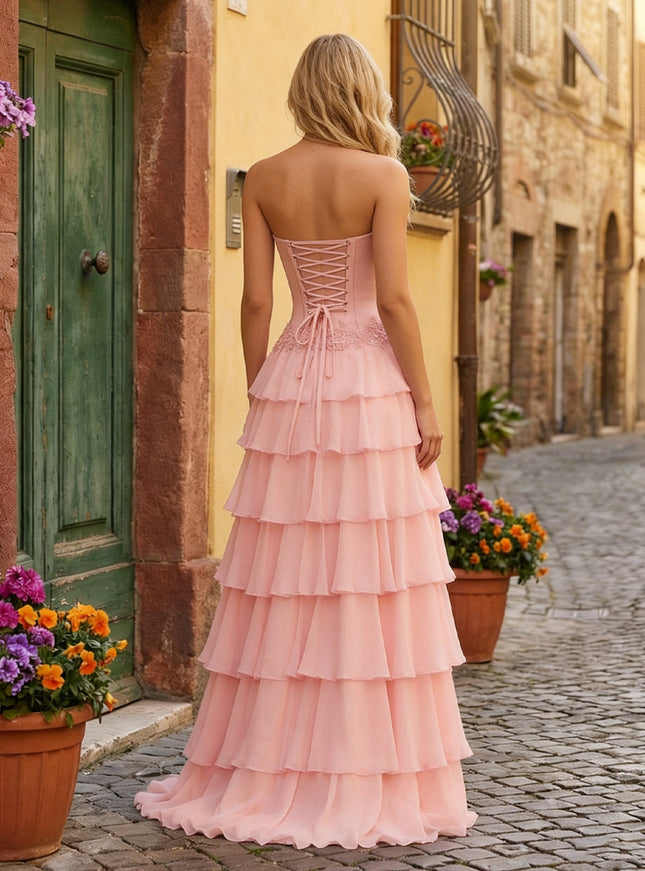 Chiffon Corset Strapless Lace Appliques Tiered Maxi Prom Dresses with Slit