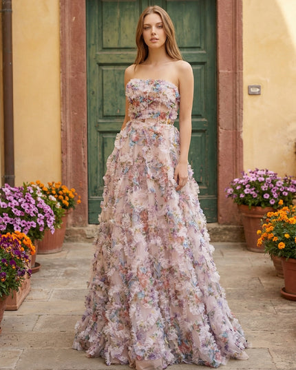 Sheer Tulle Layered Floral Ruffles Strapless Maxi Prom Dresses