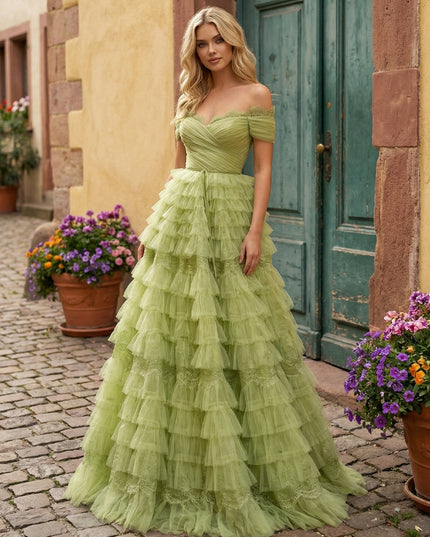 Tulle Off Shoulder Tiered Maxi Prom Dresses with Back Tie