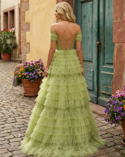 Tulle Off Shoulder Tiered Maxi Prom Dresses with Back Tie