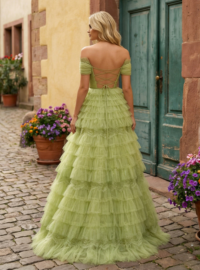 Tulle Off Shoulder Tiered Maxi Prom Dresses with Back Tie