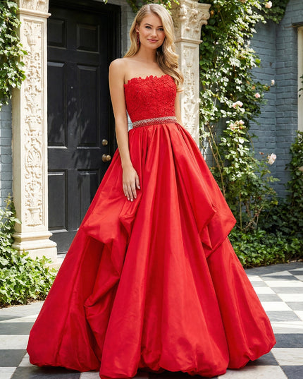 Satin Strapless Beading Prom Dresses with Lace Appliques
