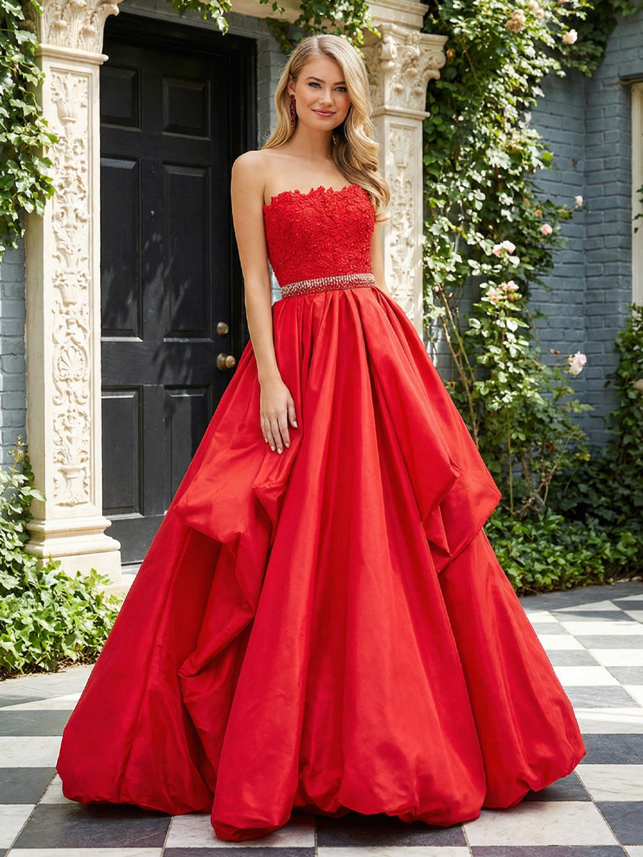 Satin Strapless Beading Prom Dresses with Lace Appliques