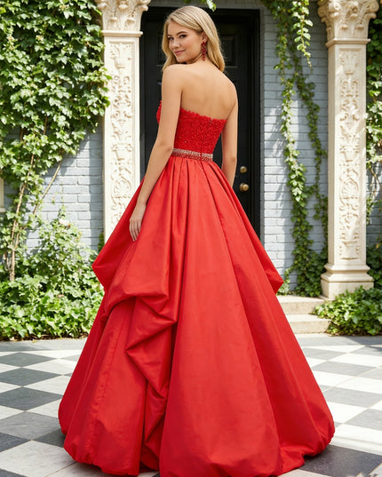 Satin Strapless Beading Prom Dresses with Lace Appliques