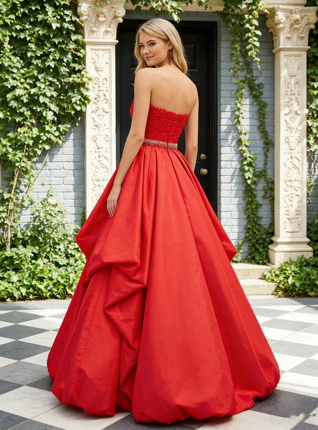 Satin Strapless Beading Prom Dresses with Lace Appliques
