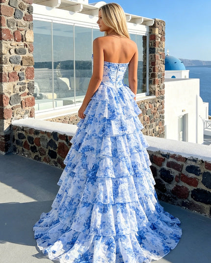 Chiffon Corset Strapless Floral Tiered Long Prom Dresses with Slit