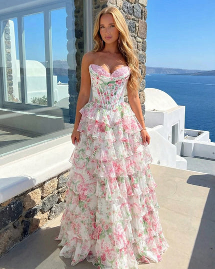 Chiffon Floral Corset Strapless A Line Long Prom Dresses with Back Tie