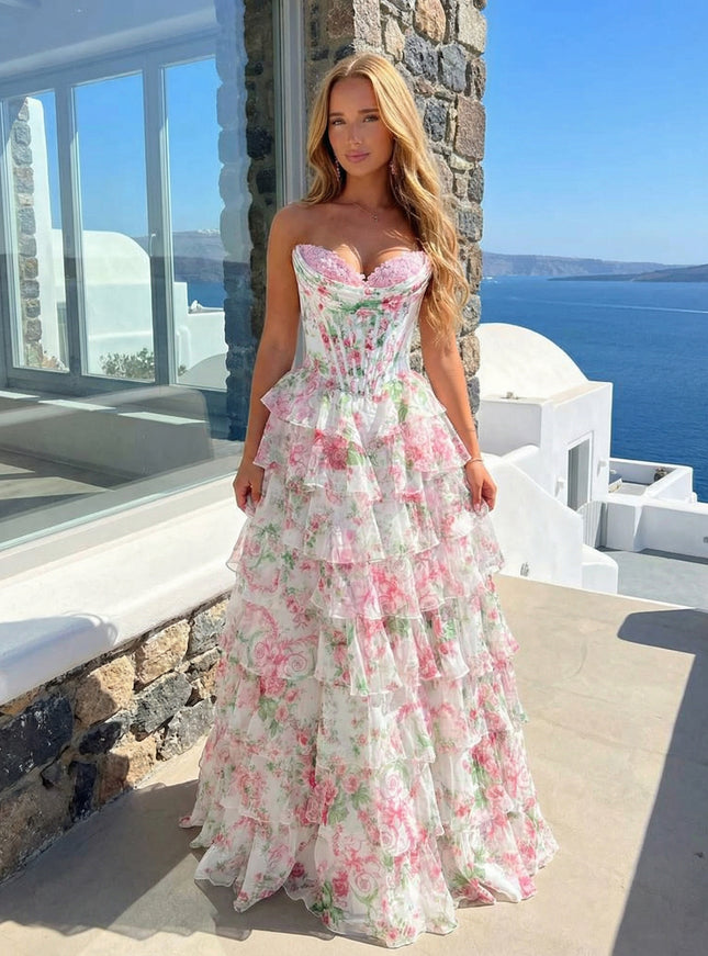 Chiffon Floral Corset Strapless A Line Long Prom Dresses with Back Tie