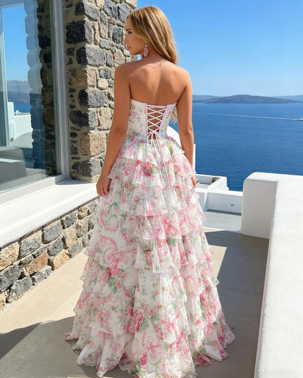 Chiffon Floral Corset Strapless A Line Long Prom Dresses with Back Tie