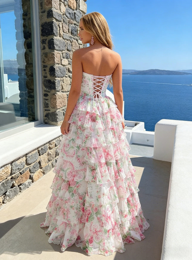 Chiffon Floral Corset Strapless A Line Long Prom Dresses with Back Tie