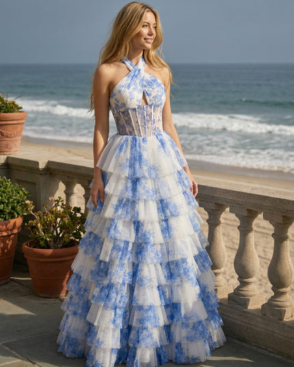 Chiffon Floral Corset Halter Tiered Long Prom Dresses with Back Tie