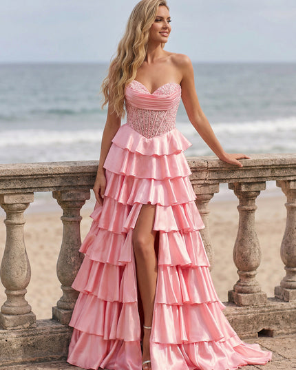 Satin Sequin Strapless Corset Tiered Long Prom Dresses with Slit