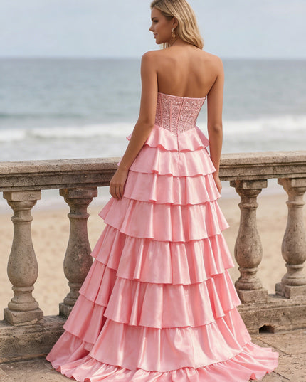 Satin Sequin Strapless Corset Tiered Long Prom Dresses with Slit