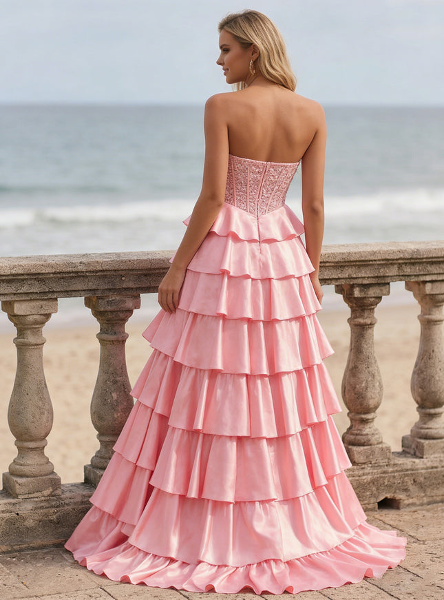 Satin Sequin Strapless Corset Tiered Long Prom Dresses with Slit