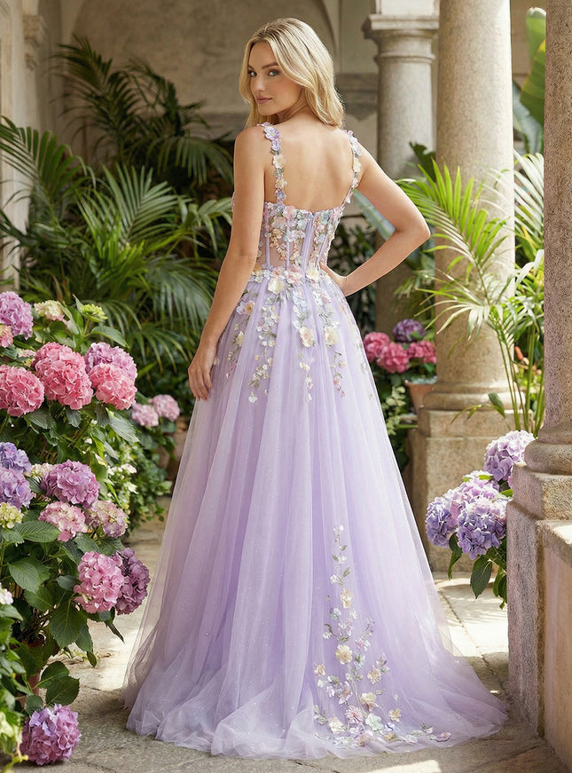 Tulle Spaghetti Straps Corset 3D Flower Prom Dresses with Slit