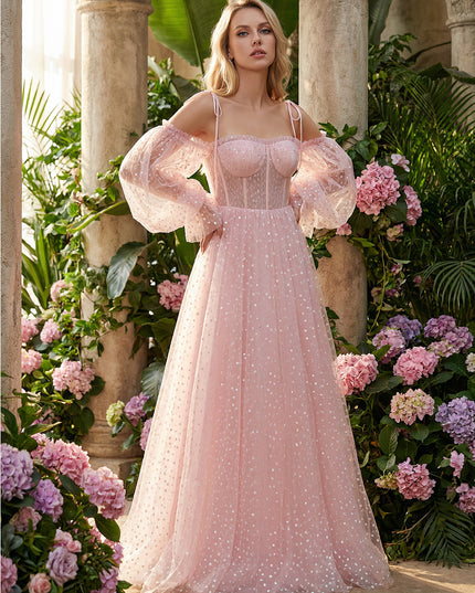 Tulle Spaghetti Straps Corset Long Sleeves Prom Dresses