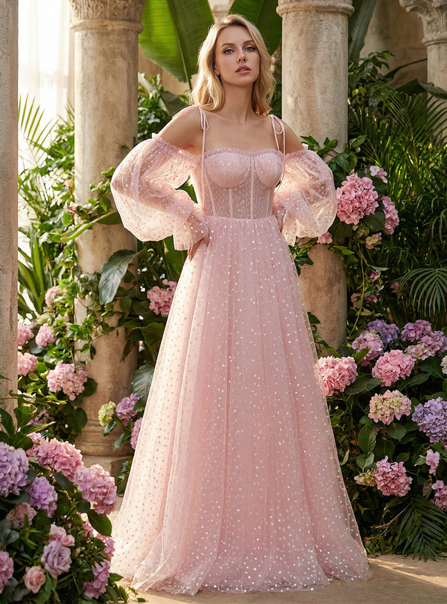 Tulle Spaghetti Straps Corset Long Sleeves Prom Dresses