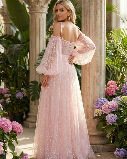 Tulle Spaghetti Straps Corset Long Sleeves Prom Dresses