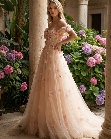 Tulle Corset Off the Shoulder 3D Flower Prom Dresses