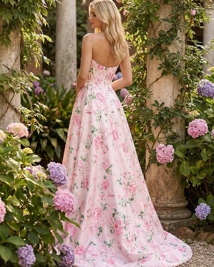 Corset Sweetheart Floral Prom Dresses with Slit