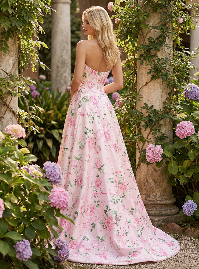 Corset Sweetheart Floral Prom Dresses with Slit