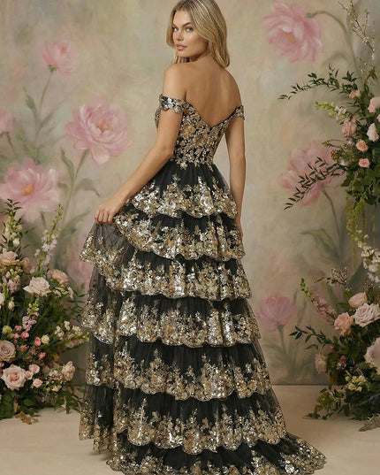 Layered Off the Shoulder Lace Appliques Tulle Corset Prom Dresses