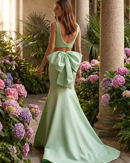 Square Neck 2 Pieces Corset Prom Dresses with Bow