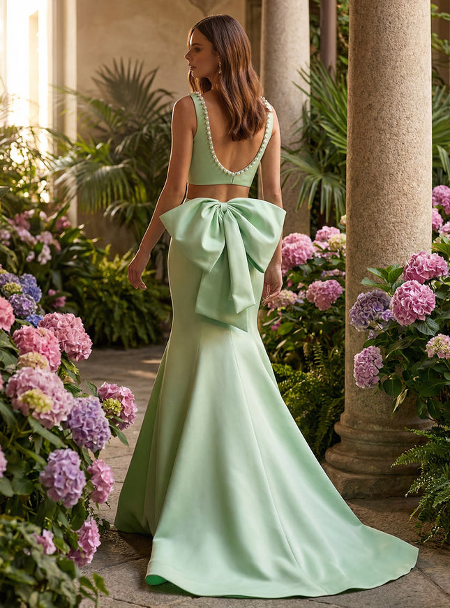 Square Neck 2 Pieces Corset Prom Dresses with Bow