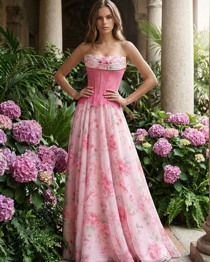 Layered Strapless Floral Corset Prom Dresses