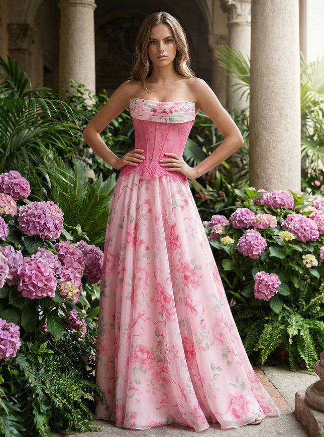 Layered Strapless Floral Corset Prom Dresses