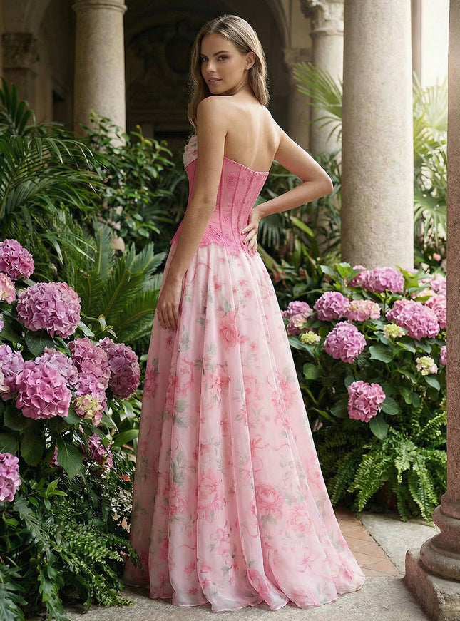 Layered Strapless Floral Corset Prom Dresses