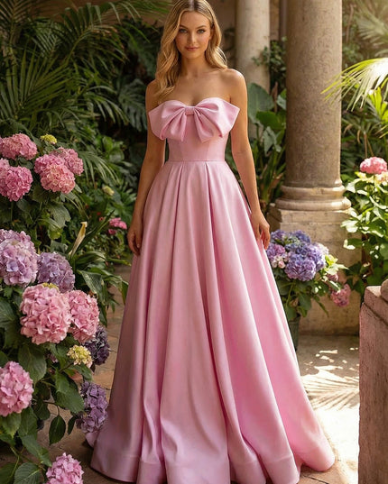 Strapless Corset Pleated Prom Dresses with Bow