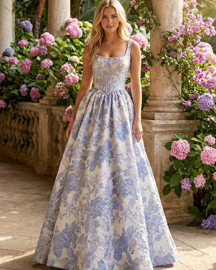 Square Neck Corset Pleated Floral Prom Dresses