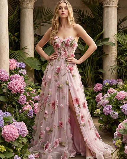 Tulle Flower Embroidered Strapless Corset Prom Dresses