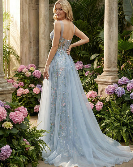 Tulle Flower Embroidered Corset Prom Dresses with Slit