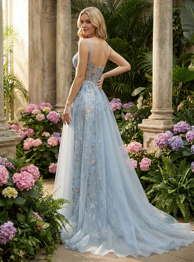 Tulle Flower Embroidered Corset Prom Dresses with Slit