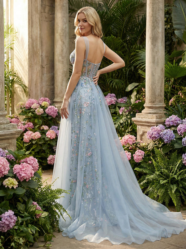 Tulle Flower Embroidered Corset Evening Dresses with Slit Formal Gowns