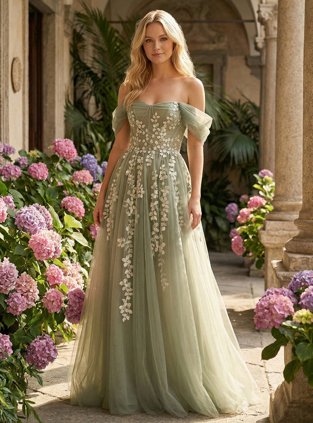 Tulle Flower Embroidered Off the Shoulder Corset Prom Dresses