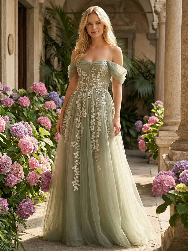 Tulle Flower Embroidered Off the Shoulder Corset Evening Dresses