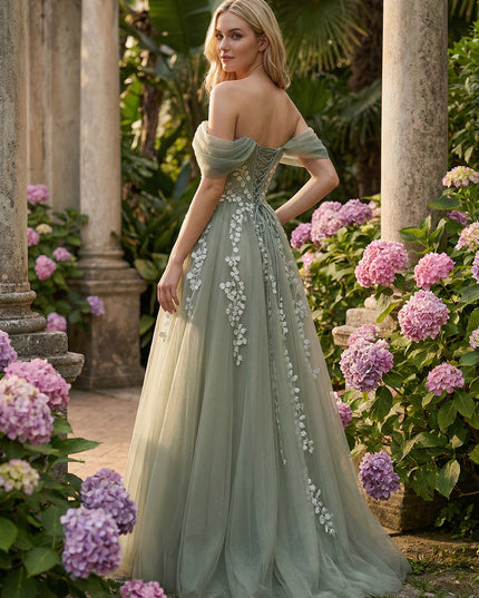 Tulle Flower Embroidered Off the Shoulder Corset Prom Dresses