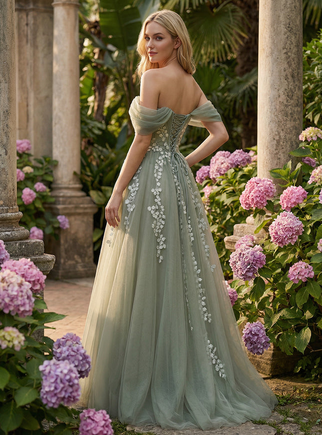 Tulle Flower Embroidered Off the Shoulder Corset Prom Dresses