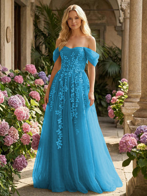 Tulle Flower Embroidered Off the Shoulder Corset Evening Dresses
