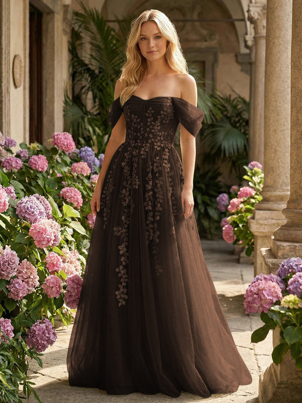 Tulle Flower Embroidered Off the Shoulder Corset Evening Dresses