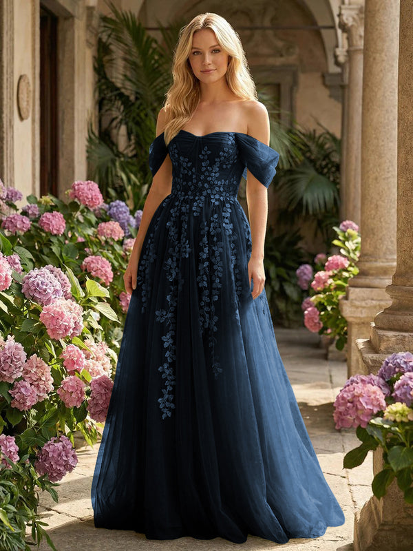 Tulle Flower Embroidered Off the Shoulder Corset Evening Dresses
