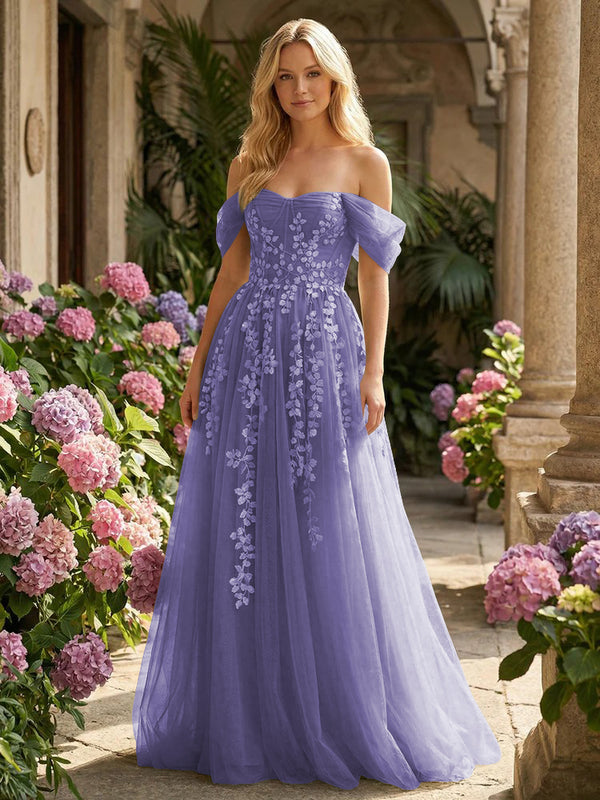 Tulle Flower Embroidered Off the Shoulder Corset Evening Dresses