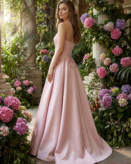 Satin Strapless Corset Beadings Prom Dresses with High Slit