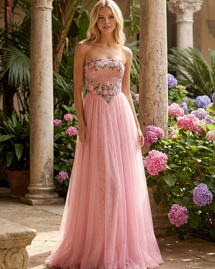 Layered Strapless Floral Corset Prom Dresses